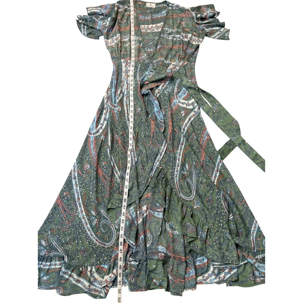 Perry Walker Silk Blend Paisley Print Wrap Maxi Ruffle Dress M Boho Coastal